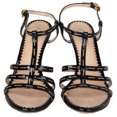 PRADA black patent leather T-STRAP Sandals Shoes 38