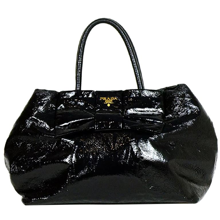 Prada Black Patent Leather Tote Bag with Bow For Sale at 1stDibs