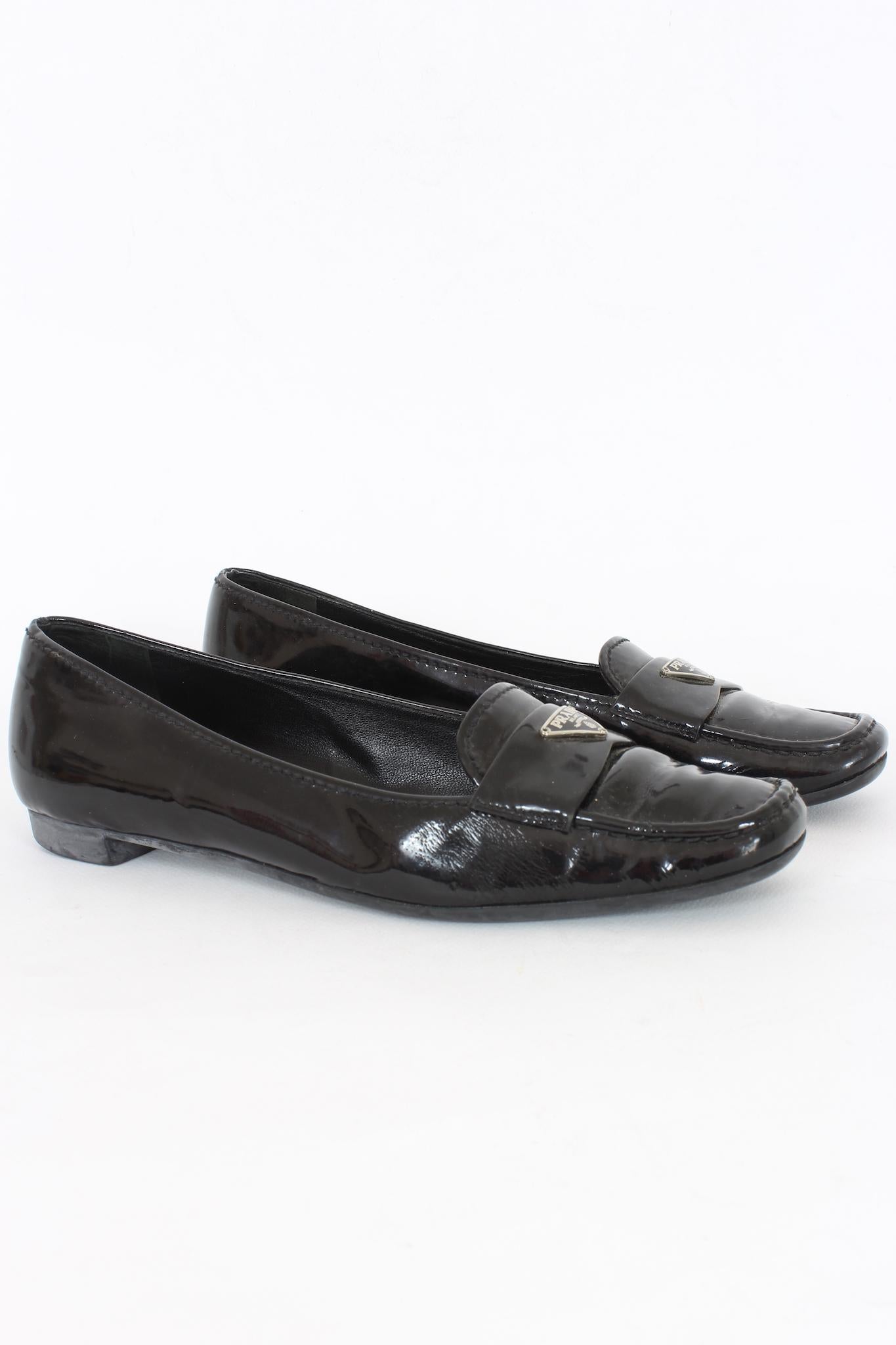 Women's Prada Black Patent Leather Vintage Moccasins Shoes 90s