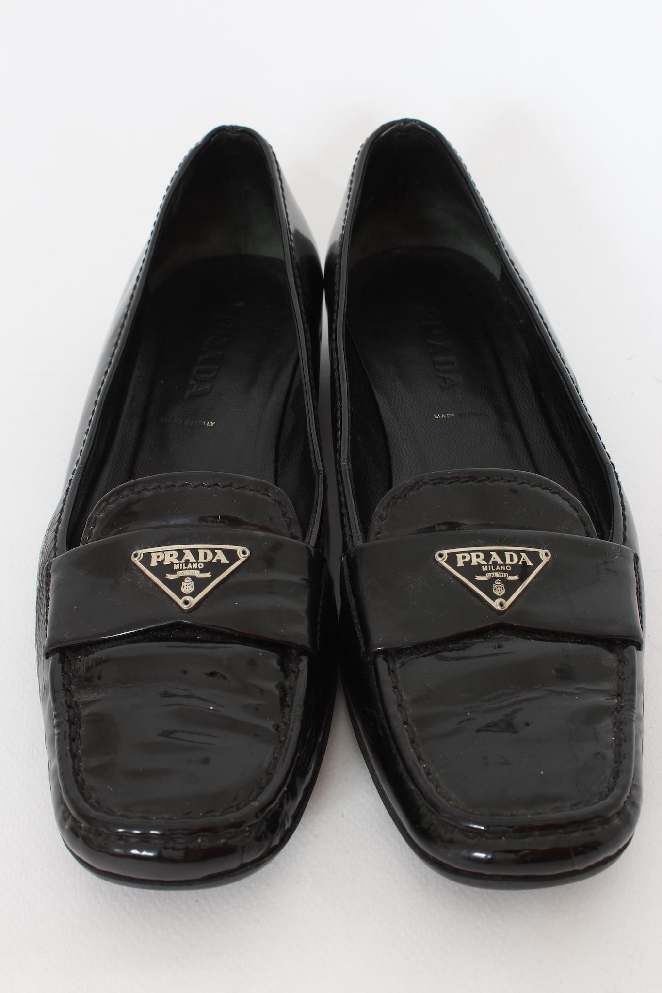 Prada Black Patent Leather Vintage Moccasins Shoes 90s 1