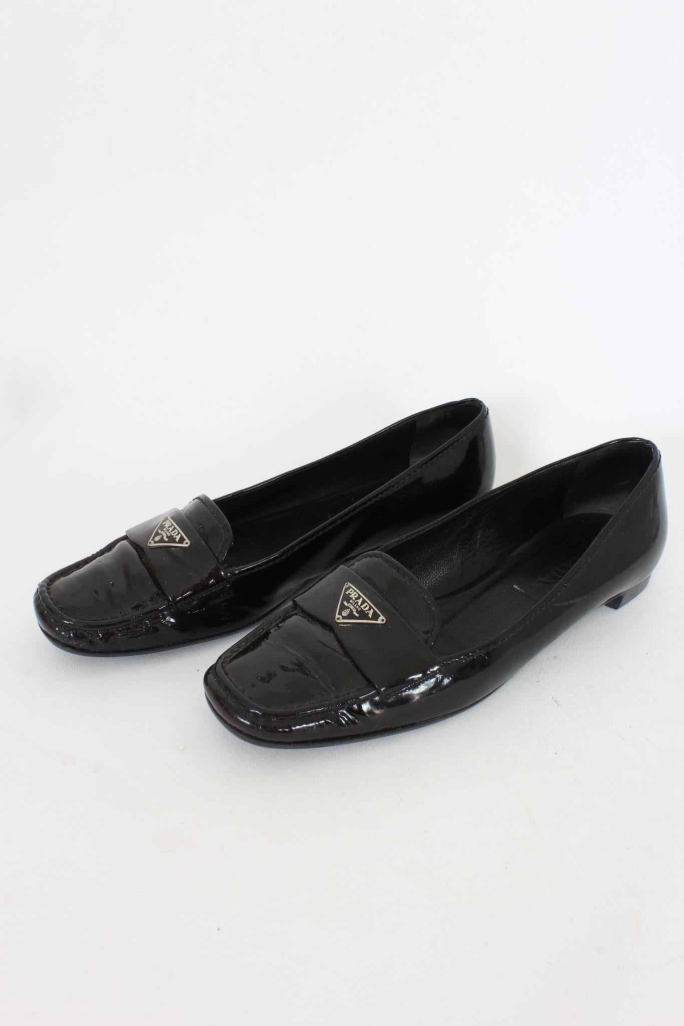 Prada Black Patent Leather Vintage Moccasins Shoes 90s 2
