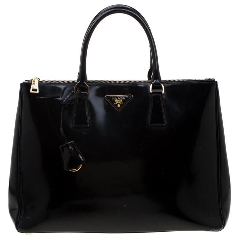 Prada Black Patent Spazzolato Leather Large Double Zip Tote