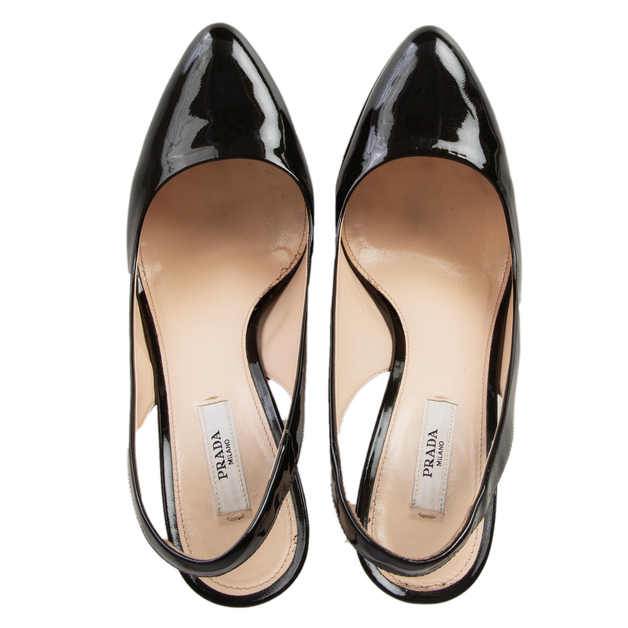 Women's PRADA black patente leather PLATFORM Slingbacks Shoes 37.5 For Sale