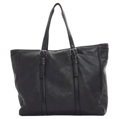 PRADA black pebble leather adjustable handle top zip large tote bag