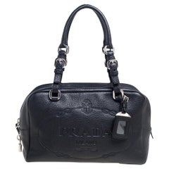 Prada Black Pebbled Leather Logo Embossed Bauletto Satchel