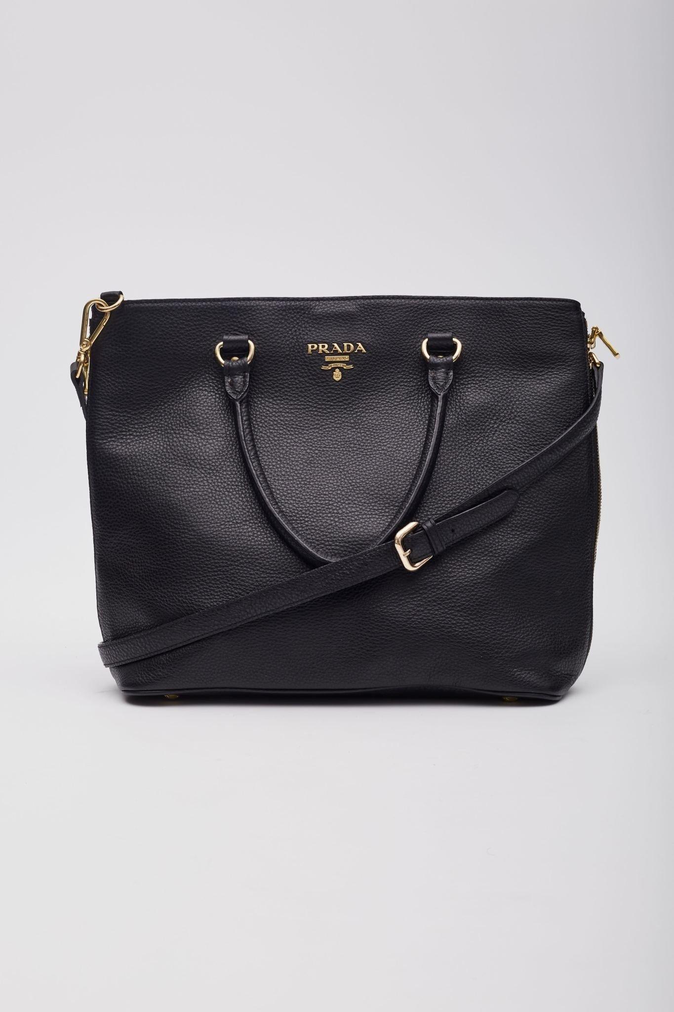 Prada Black Pebbled Vitello Daino Shopper Tote Large In Good Condition In Montreal, Quebec