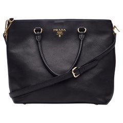Prada Black Pebbled Vitello Daino Shopper Tote Large