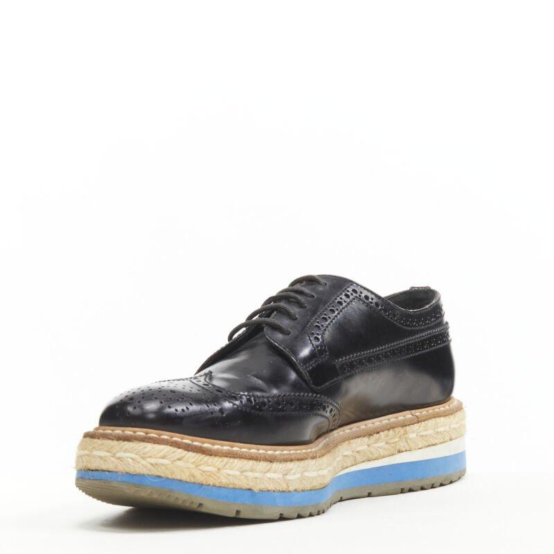 PRADA jute espadrille compensée en cuir perforé noir EU36,5 Excellent état - En vente à Hong Kong, NT