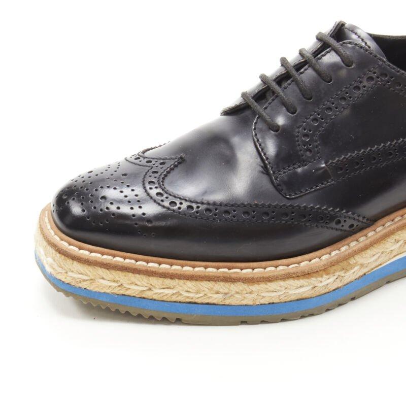 PRADA jute espadrille compensée en cuir perforé noir EU36,5 en vente 2