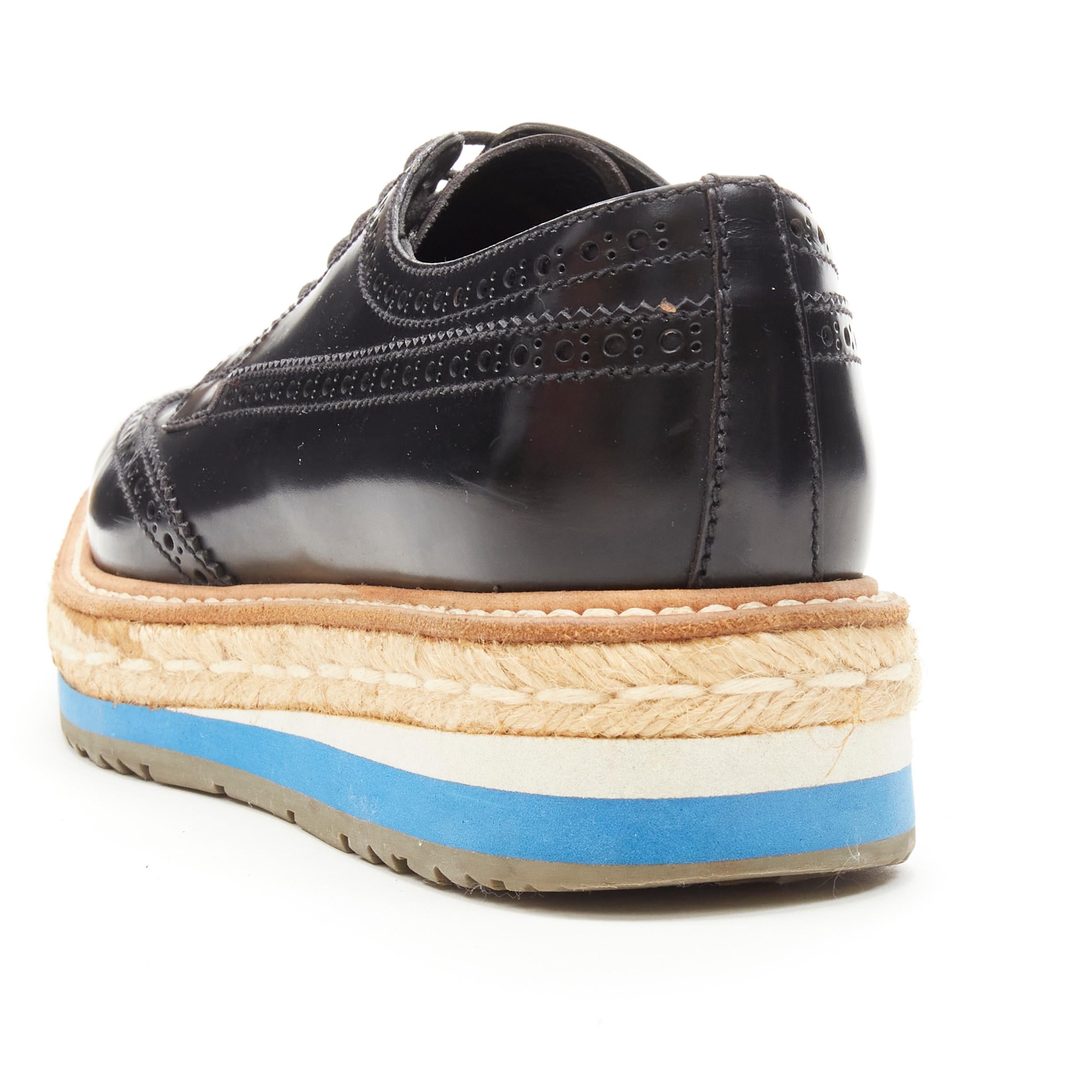 PRADA black perforated leather jute espadrille platform brogue EU36.5 1