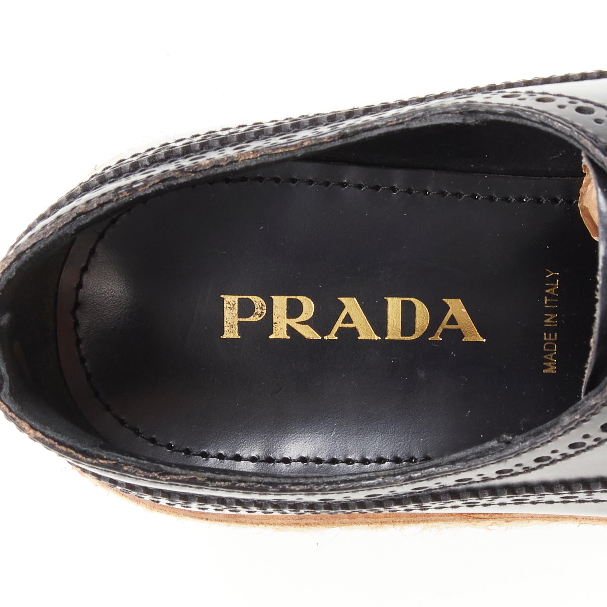 PRADA black perforated leather jute espadrille platform brogue EU36.5 For Sale 2