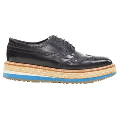 PRADA black perforated leather jute espadrille platform brogue EU36.5