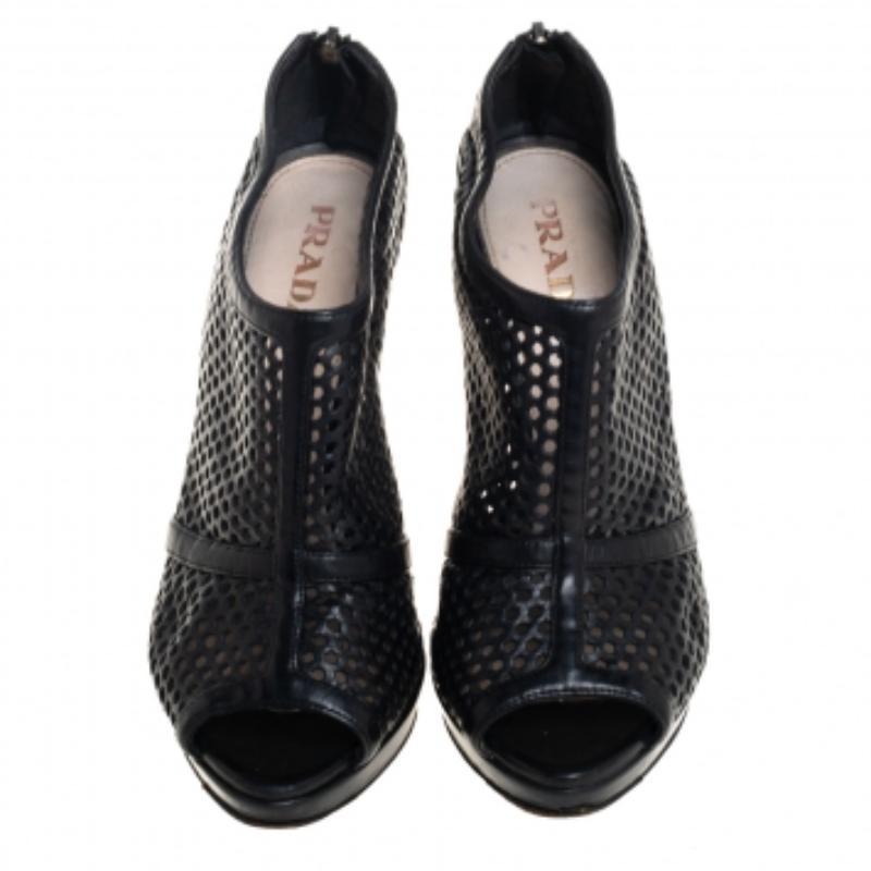 Prada Black Perforated Leather Peep Toe Booties Size 36 In Fair Condition For Sale In Dubai, Al Qouz 2
