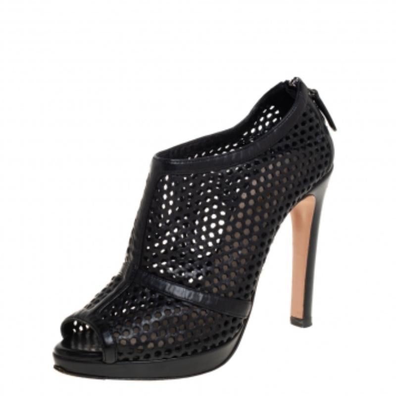 Women's Prada Black Perforated Leather Peep Toe Booties Size 36 For Sale
