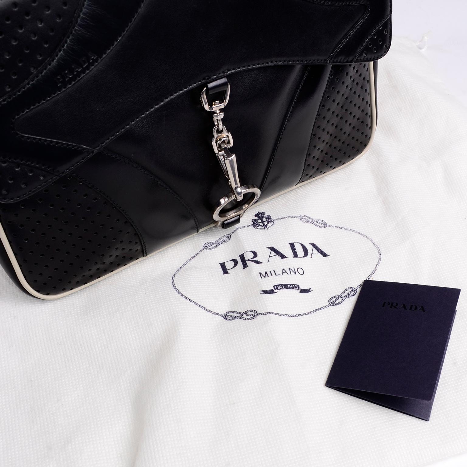 Prada Black Perforated Leather Top Handle Bag W Contrast Trim & Dust Bag  In Good Condition In Portland, OR