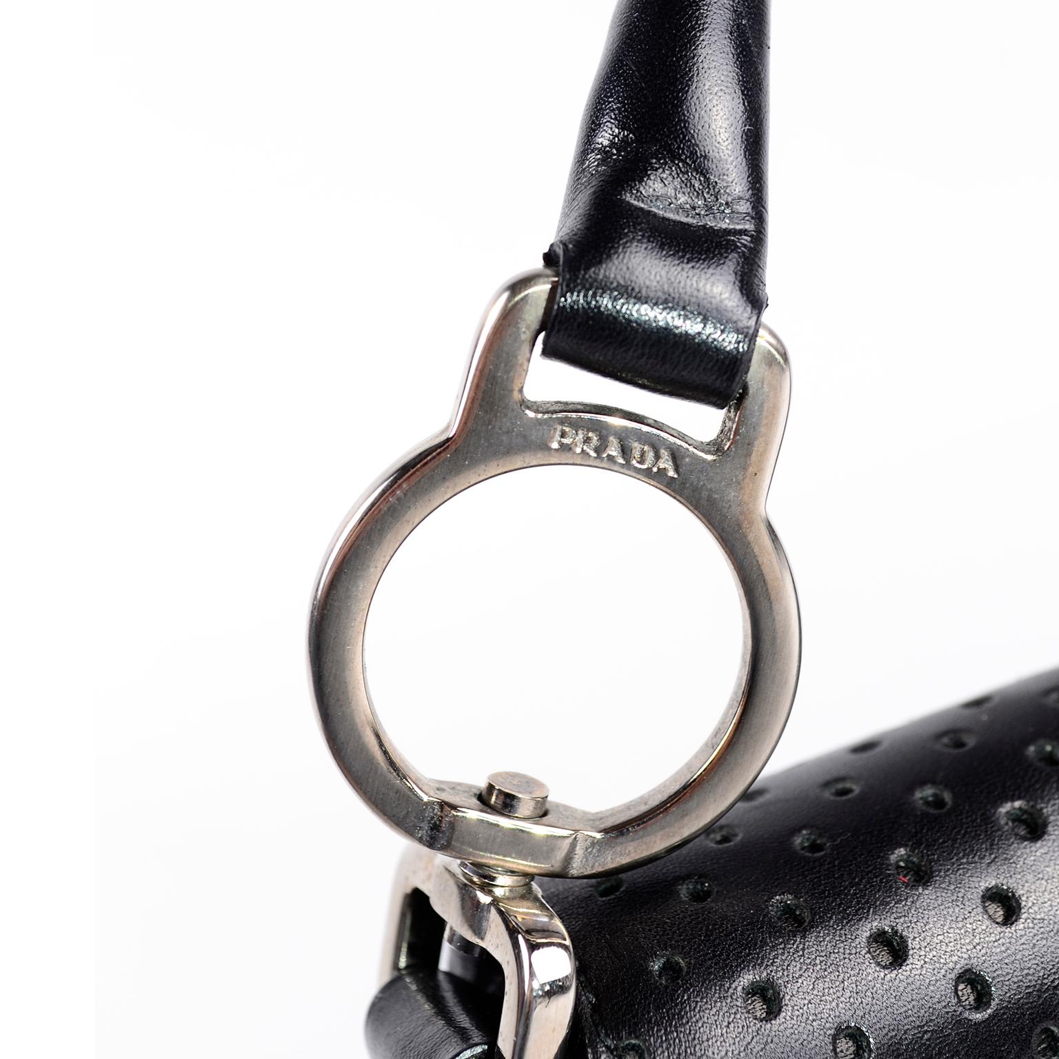 Prada Black Perforated Leather Top Handle Bag W Contrast Trim & Dust Bag  1
