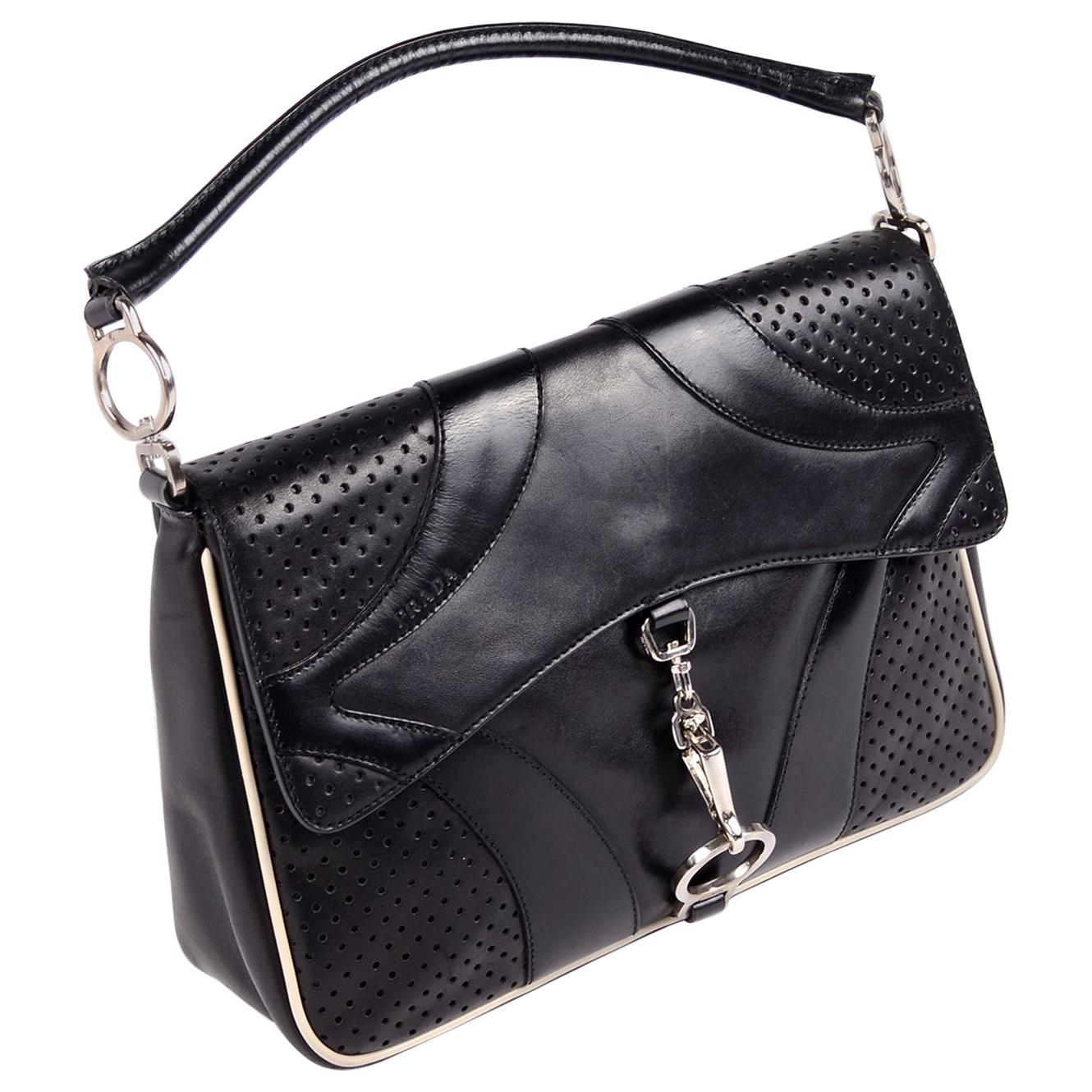 Prada Black Perforated Leather Top Handle Bag W Contrast Trim & Dust Bag 