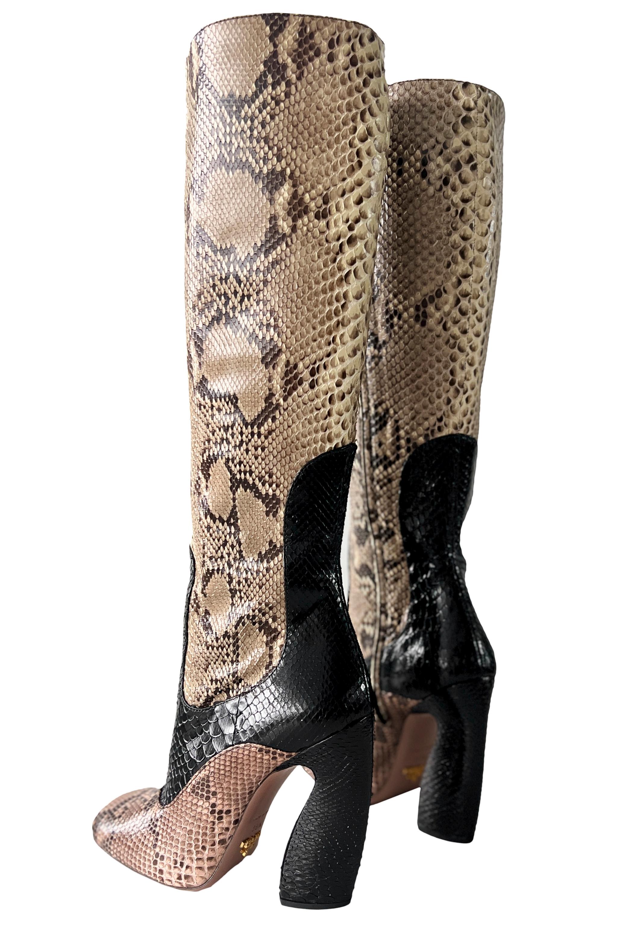 Prada Black, Pink, And Natural Snakeskin Boots 2011 In Excellent Condition In Los Angeles, CA