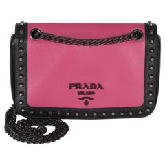 Prada Black Pink Calfskin Glace Studded Chain Flap