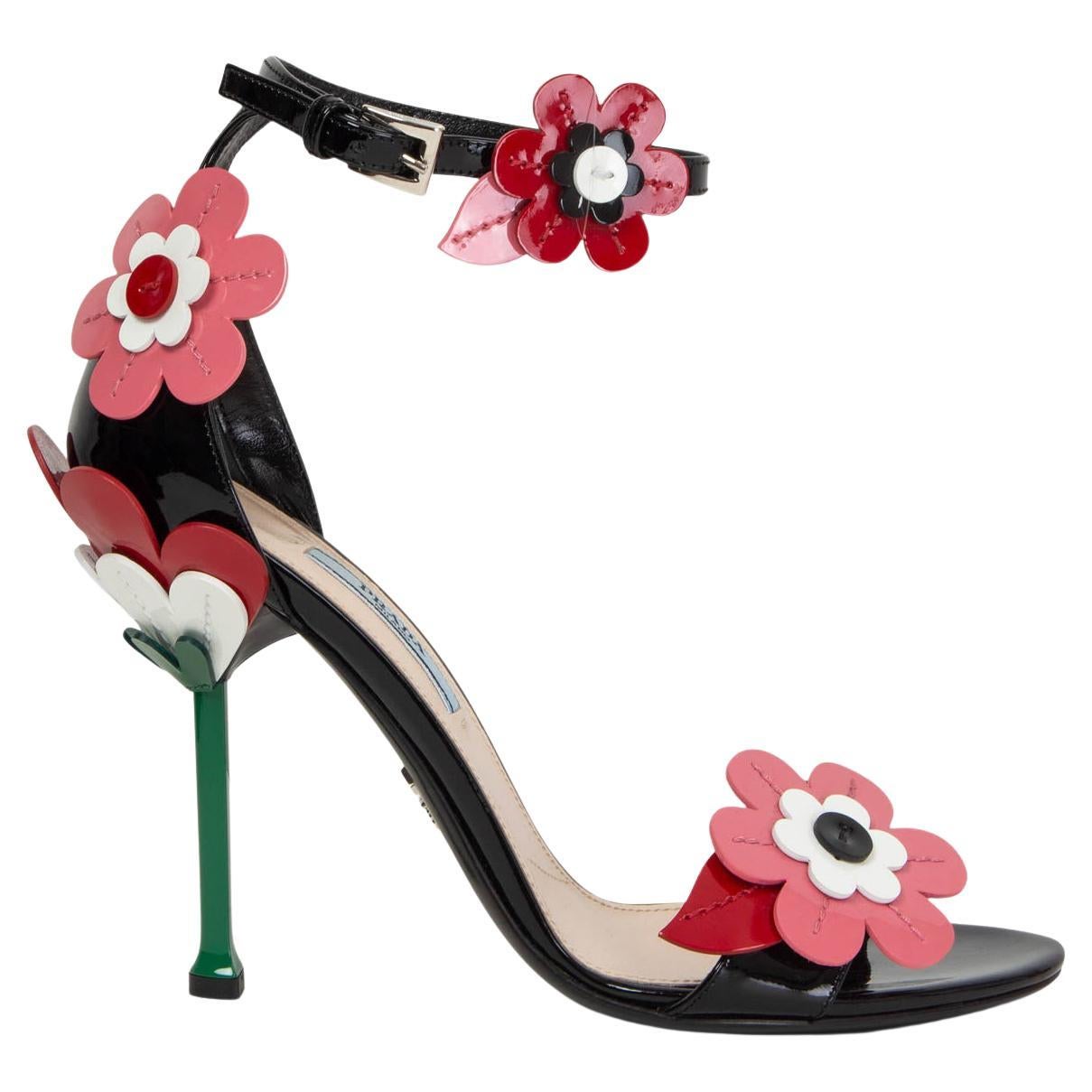 PRADA black & pink patent leather FLOWER Sandals Shoes 38