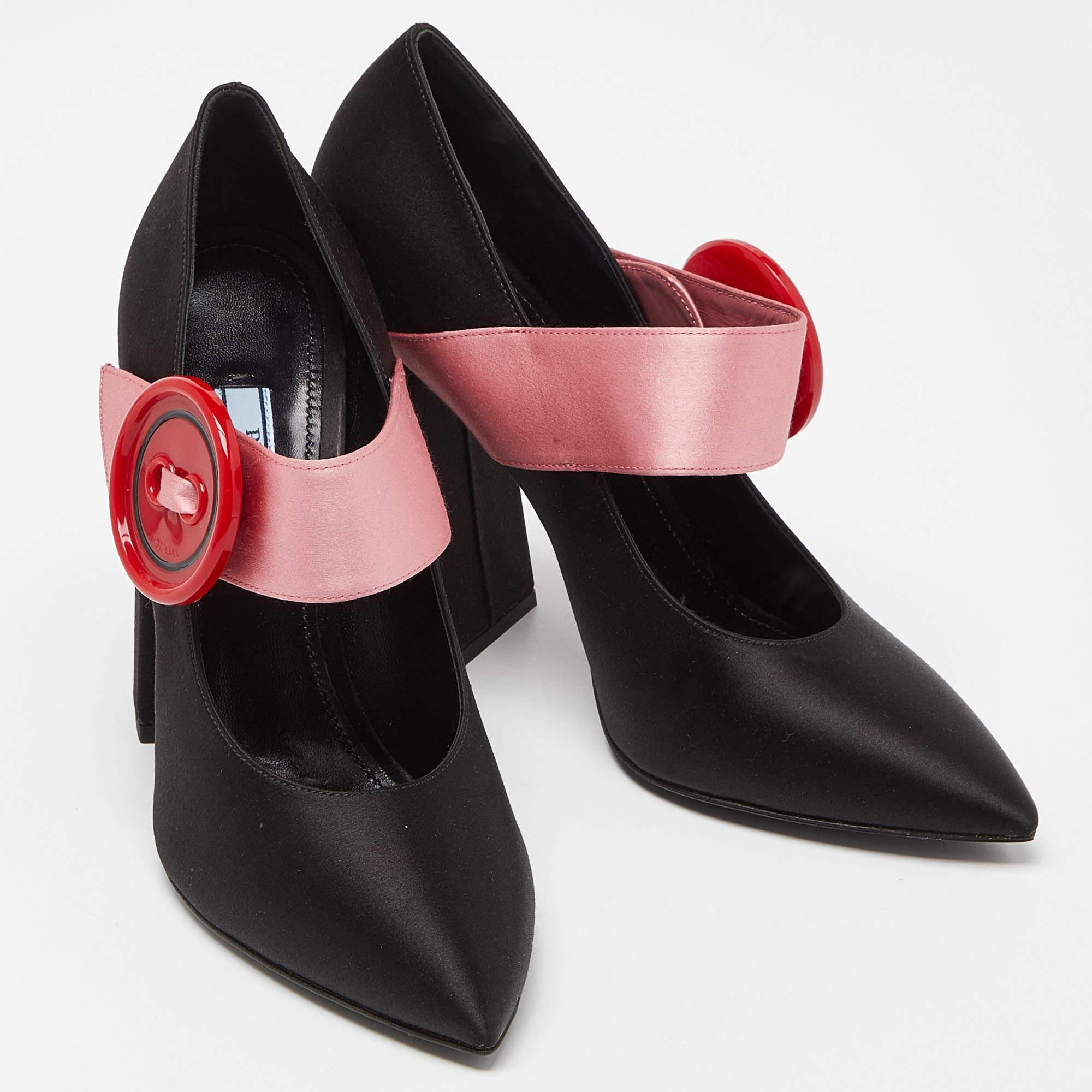 Prada Black/Pink Satin Button Details Block Heel Pumps Size 37 1