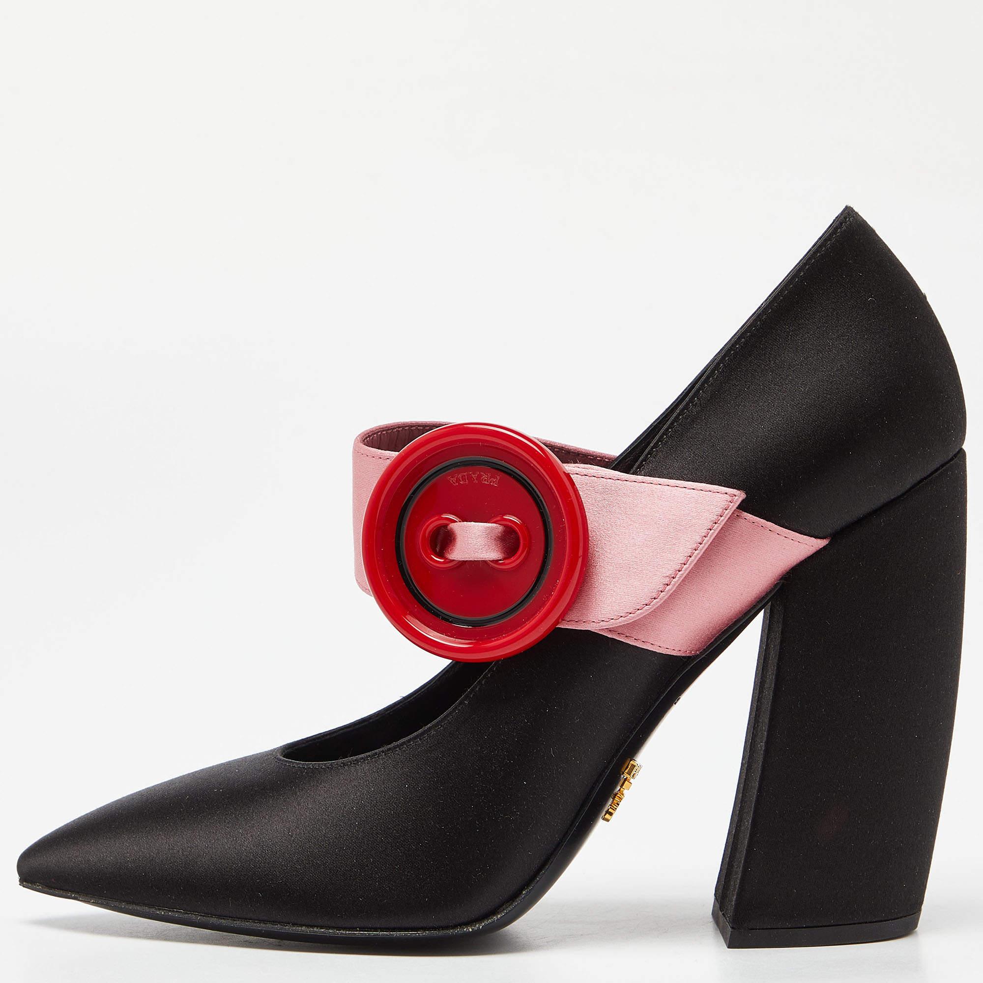 Prada Black/Pink Satin Button Details Block Heel Pumps Size 37 5