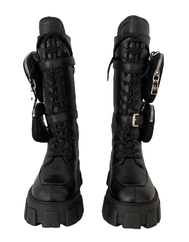 Prada Black Pouch Pocket Lug-Sole Tall Leather Combat Boots sz 37.5 For  Sale at 1stDibs