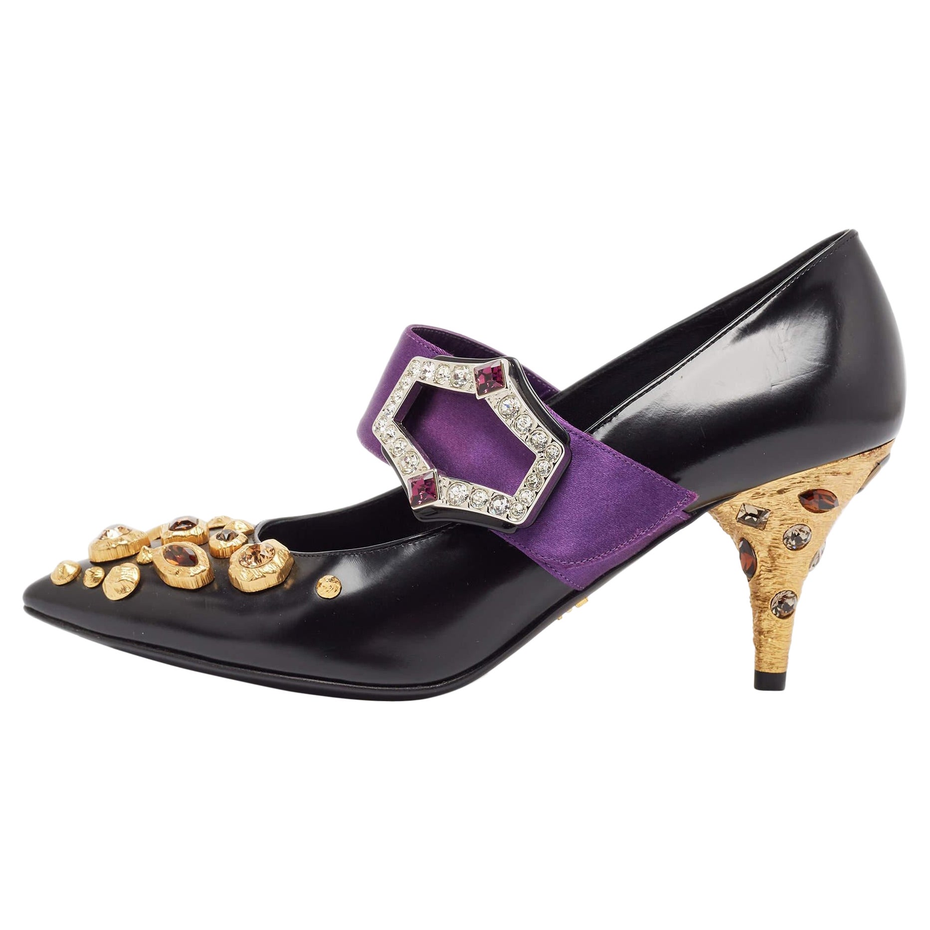 Prada Black/Purple Leather and Satin Crystal Embellished Mary Jane Pumps Size 38