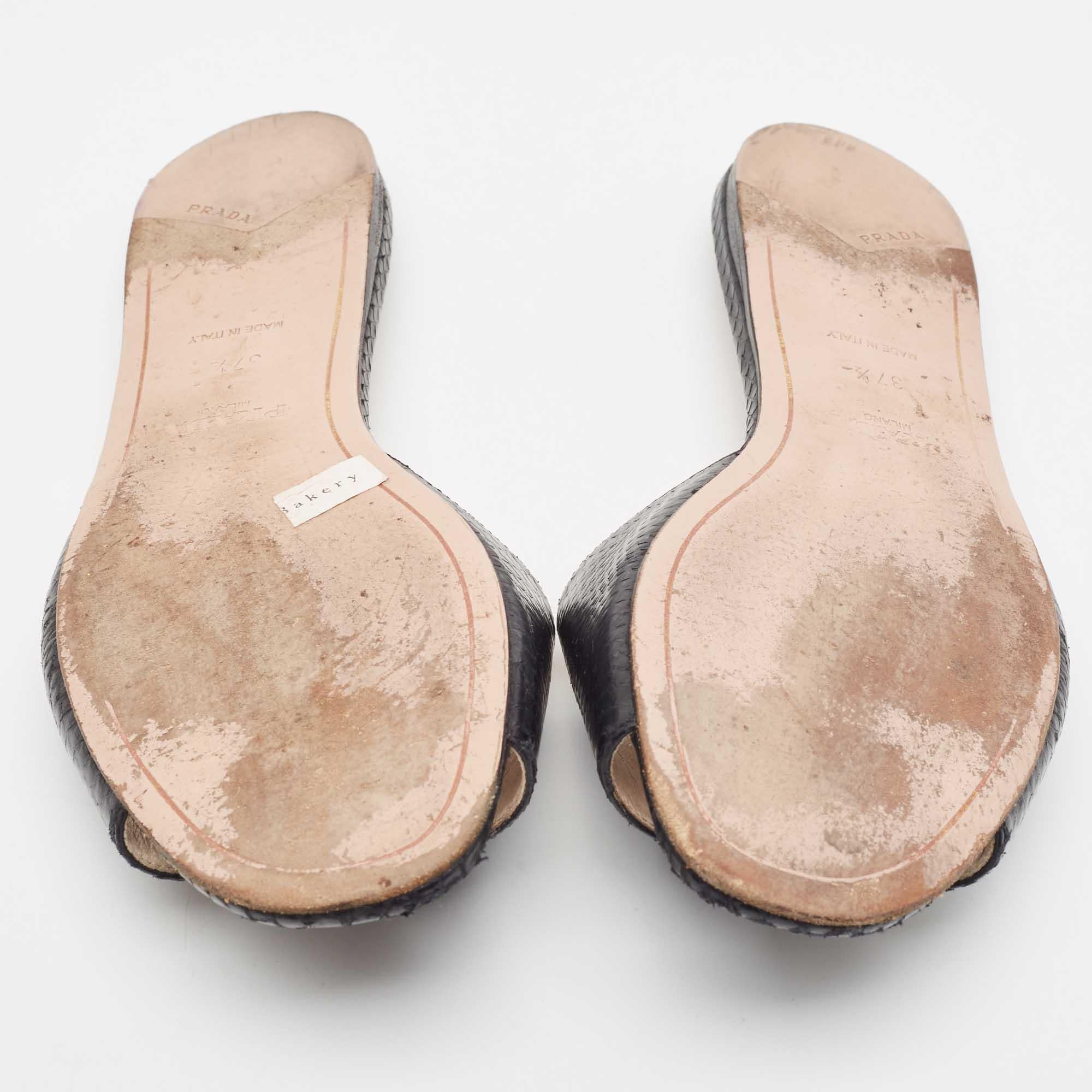 Women's Prada Black Python Embossed Leather Flat Slide Sandals Size 37.5