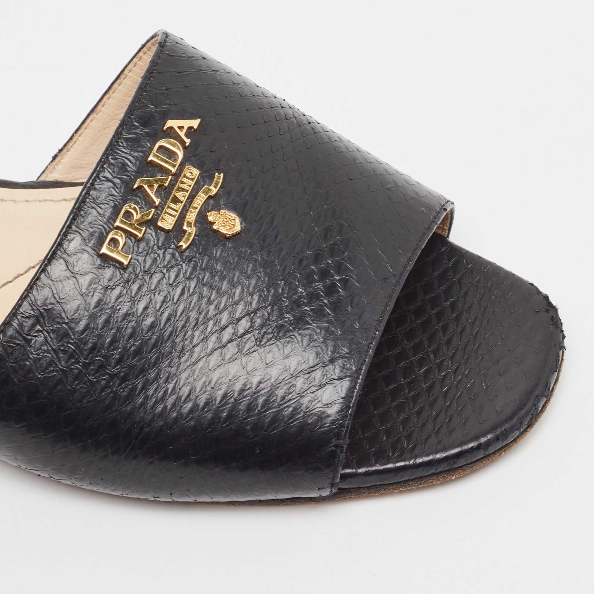 Prada Black Python Embossed Leather Flat Slide Sandals Size 37.5 1