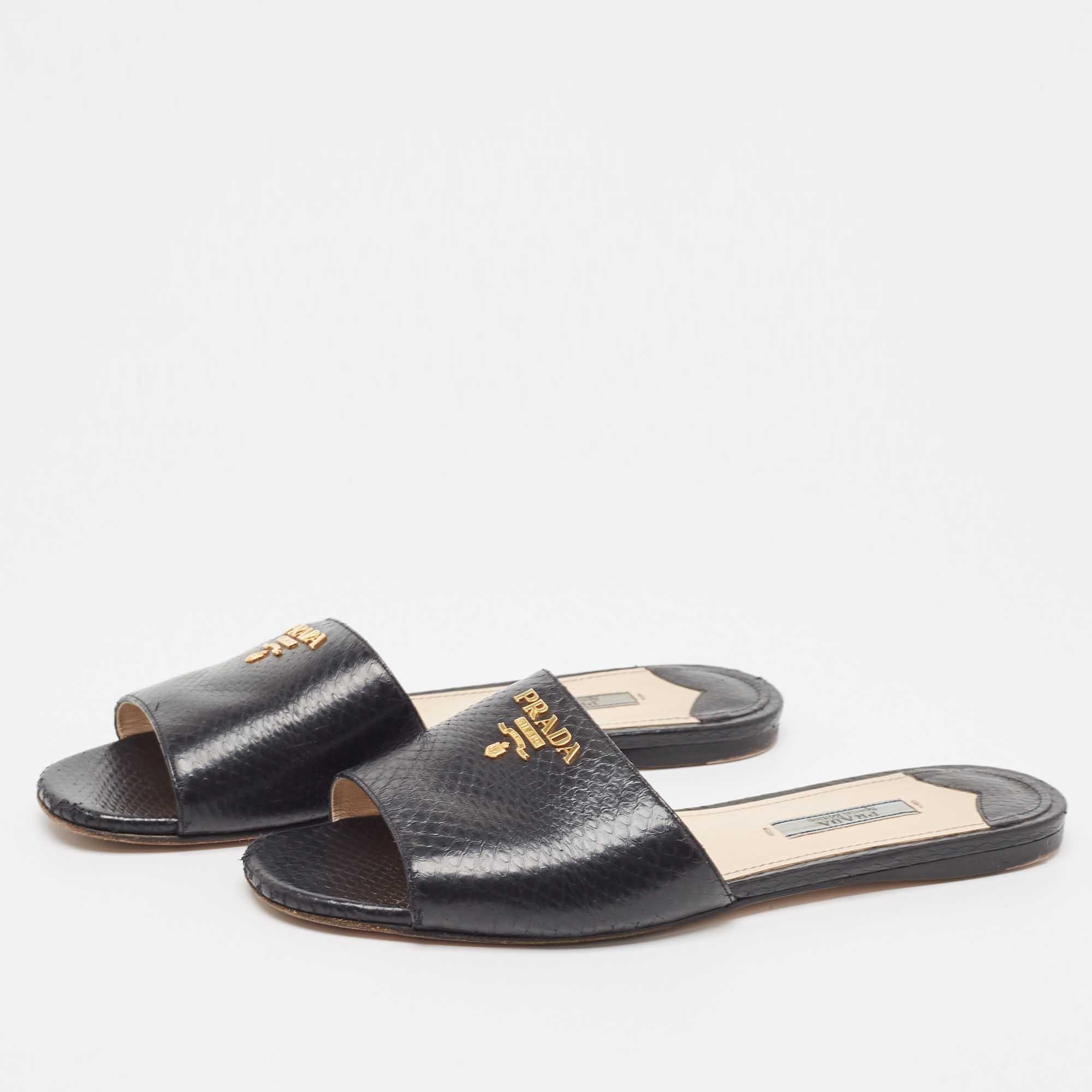 Prada Black Python Embossed Leather Flat Slide Sandals Size 37.5 3