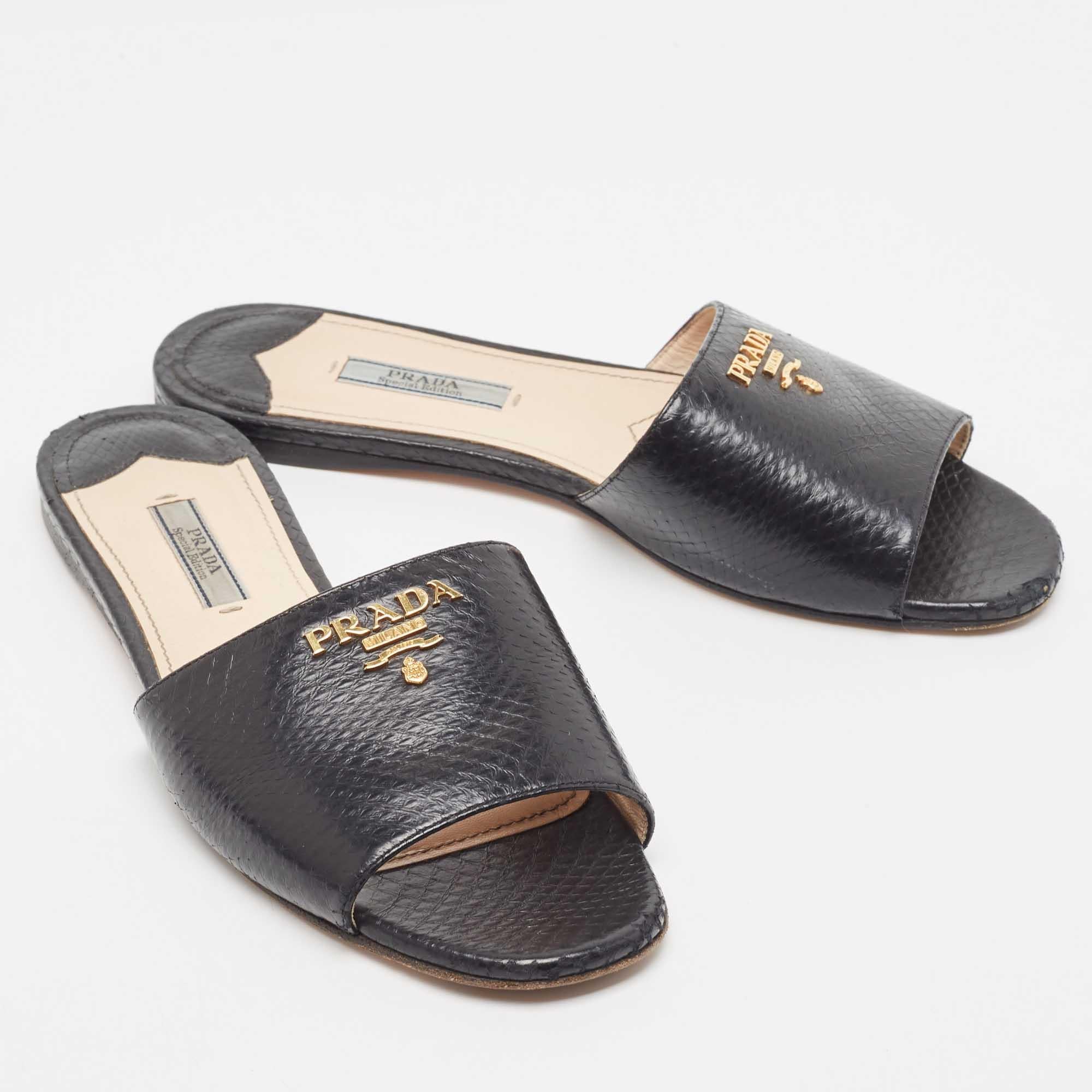 Prada Black Python Embossed Leather Flat Slide Sandals Size 37.5 4