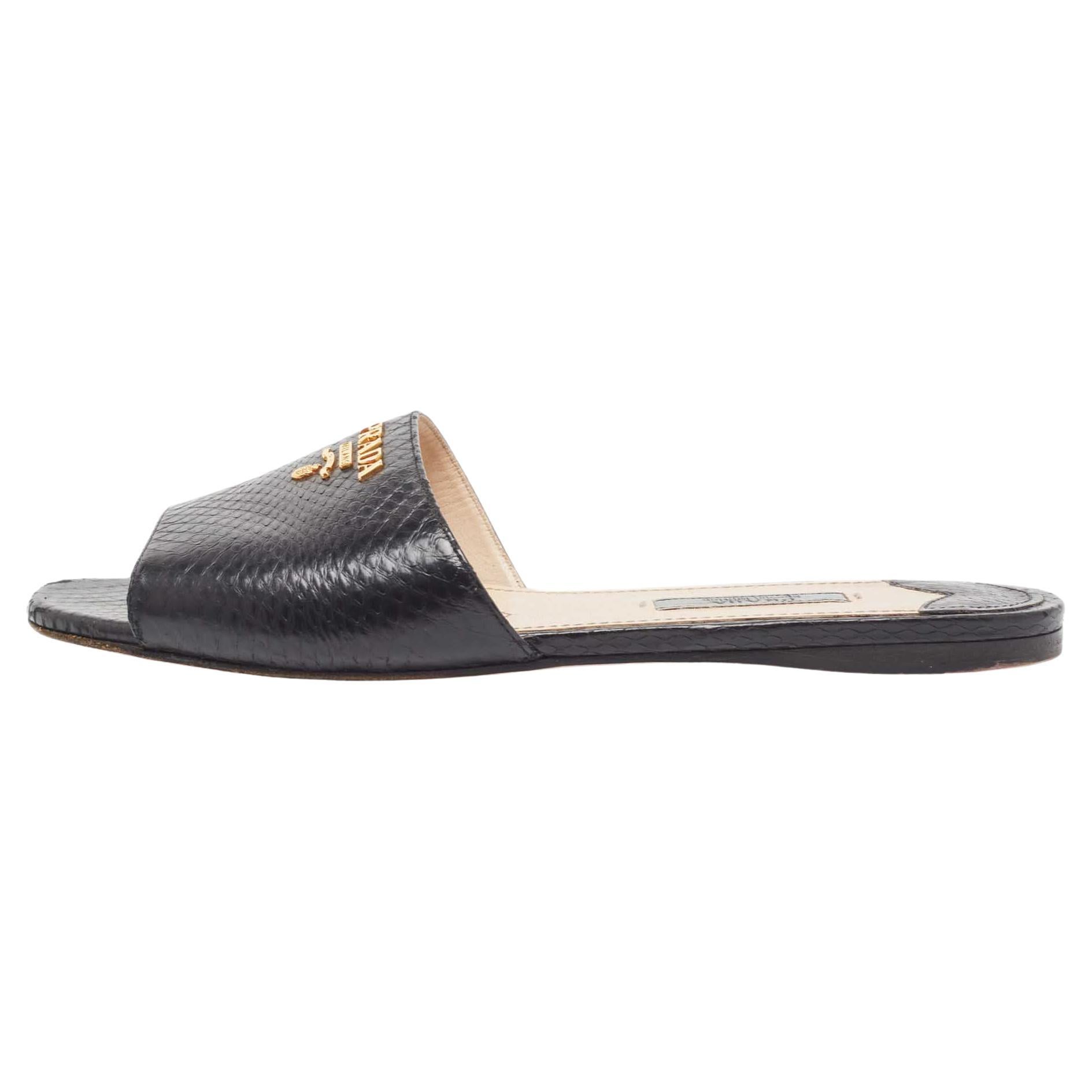 Prada Black Python Embossed Leather Flat Slide Sandals Size 37.5