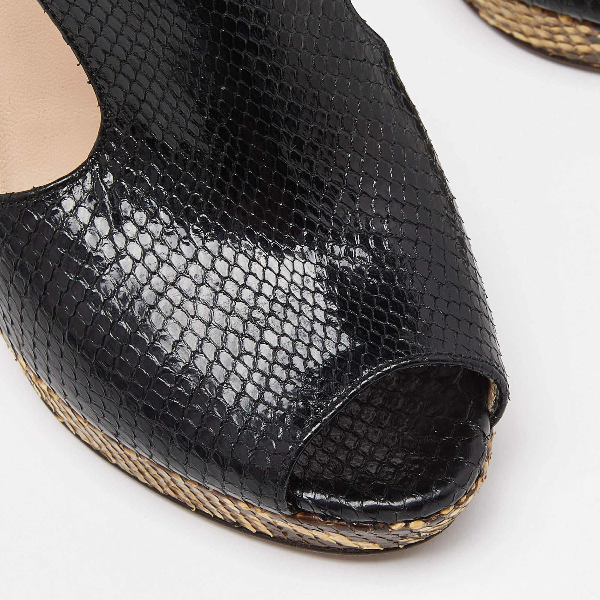 Women's Prada Black Python Leather Peep Toe Platform Ankle Strap Pumps Size 37.5 For Sale
