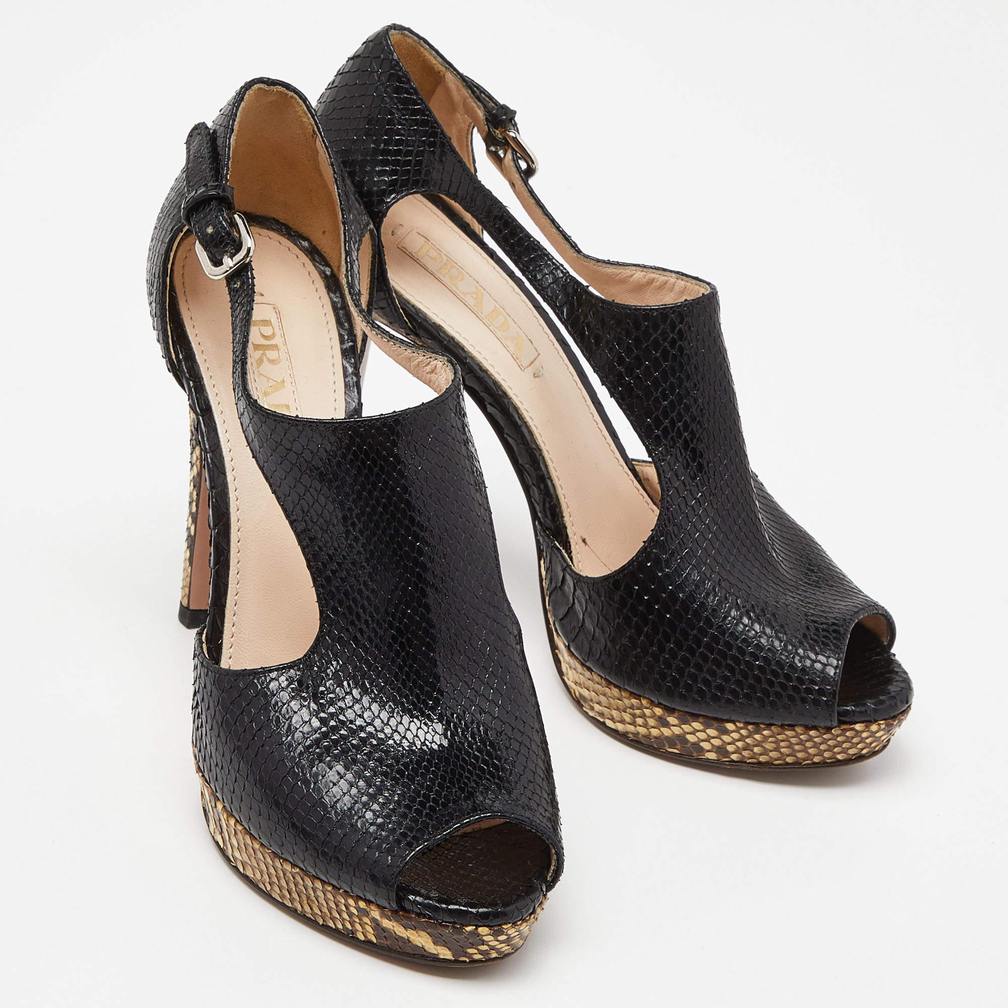 Prada Black Python Leather Peep Toe Platform Ankle Strap Pumps Size 37.5 For Sale 1