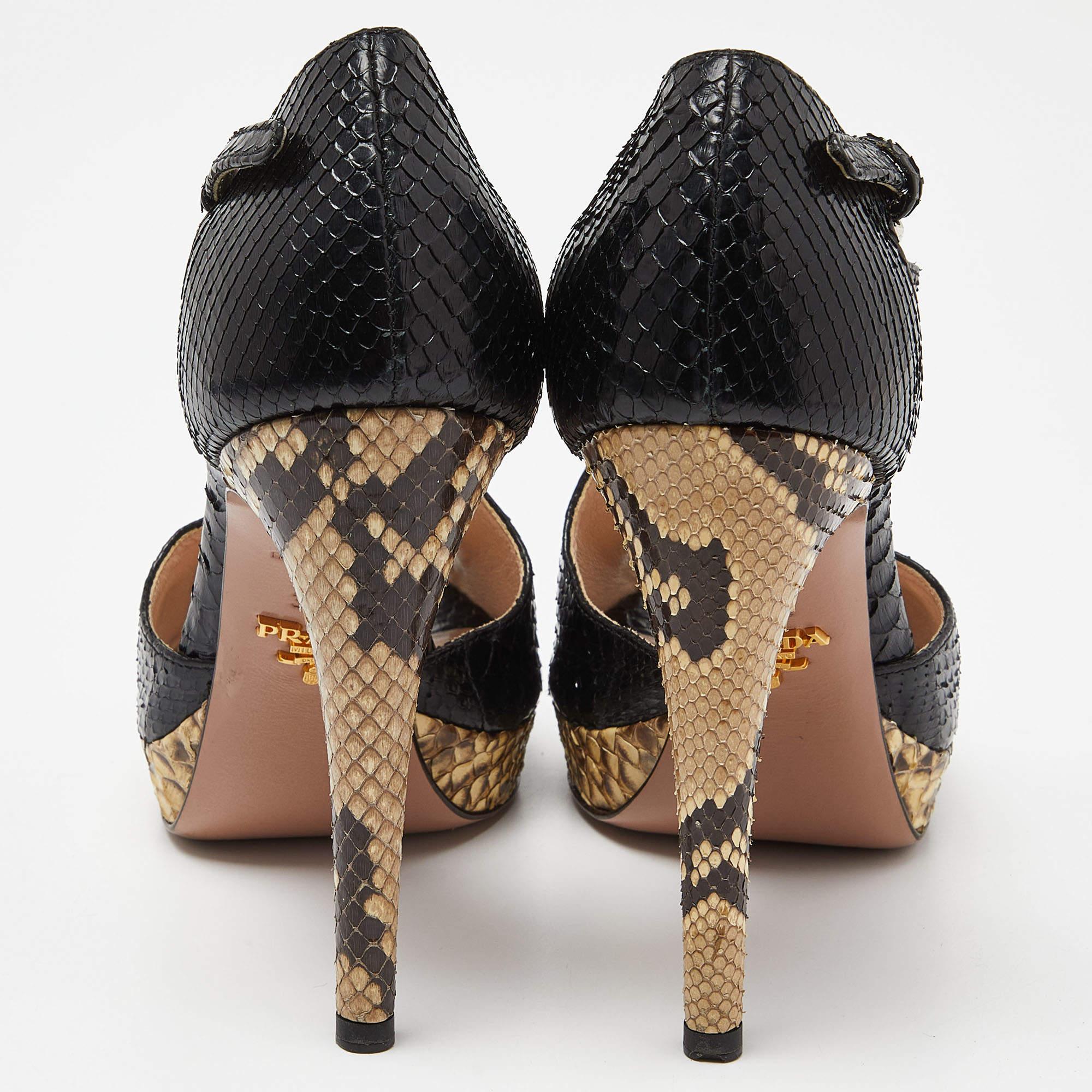 Prada Black Python Leather Peep Toe Platform Ankle Strap Pumps Size 37.5 For Sale 2
