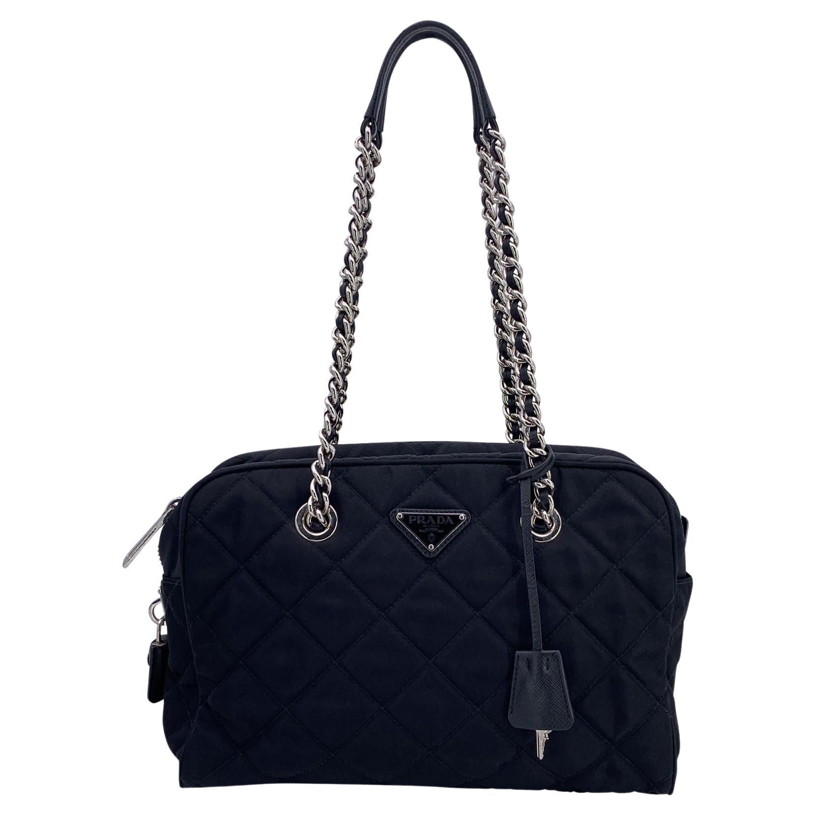 Prada Black Quilted Nylon Fabric Chain Bowling Shoulder Bag