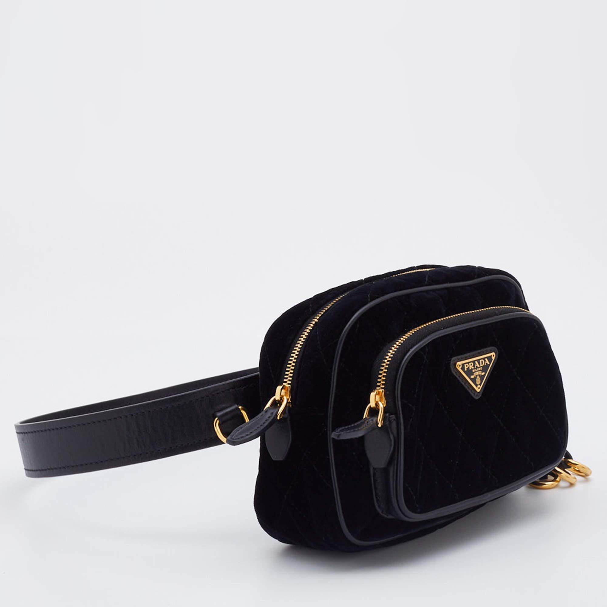 Women's Prada Black Quilted Velvet and Leather Corsaire Belt Bag