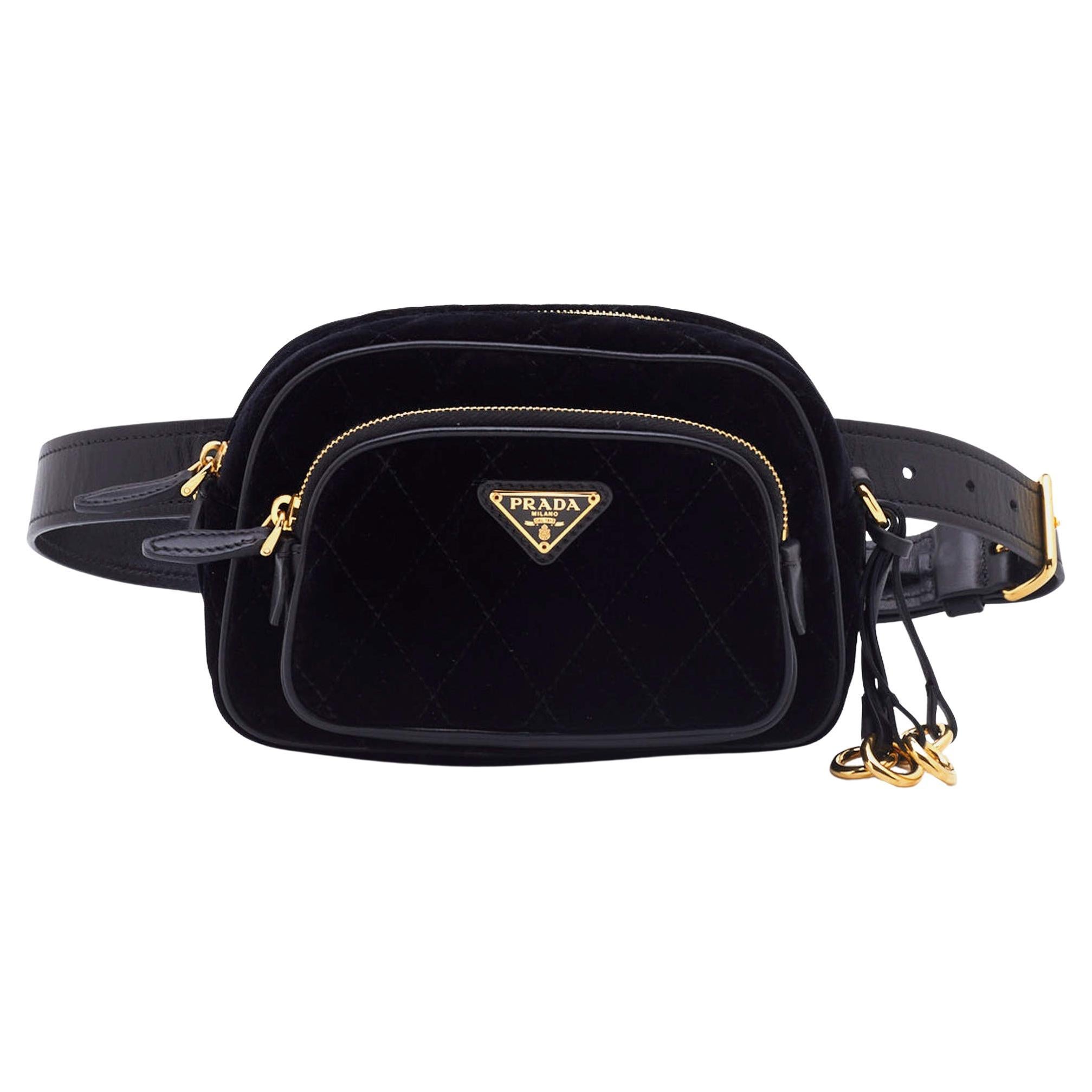 Prada Black Quilted Velvet and Leather Corsaire Belt Bag