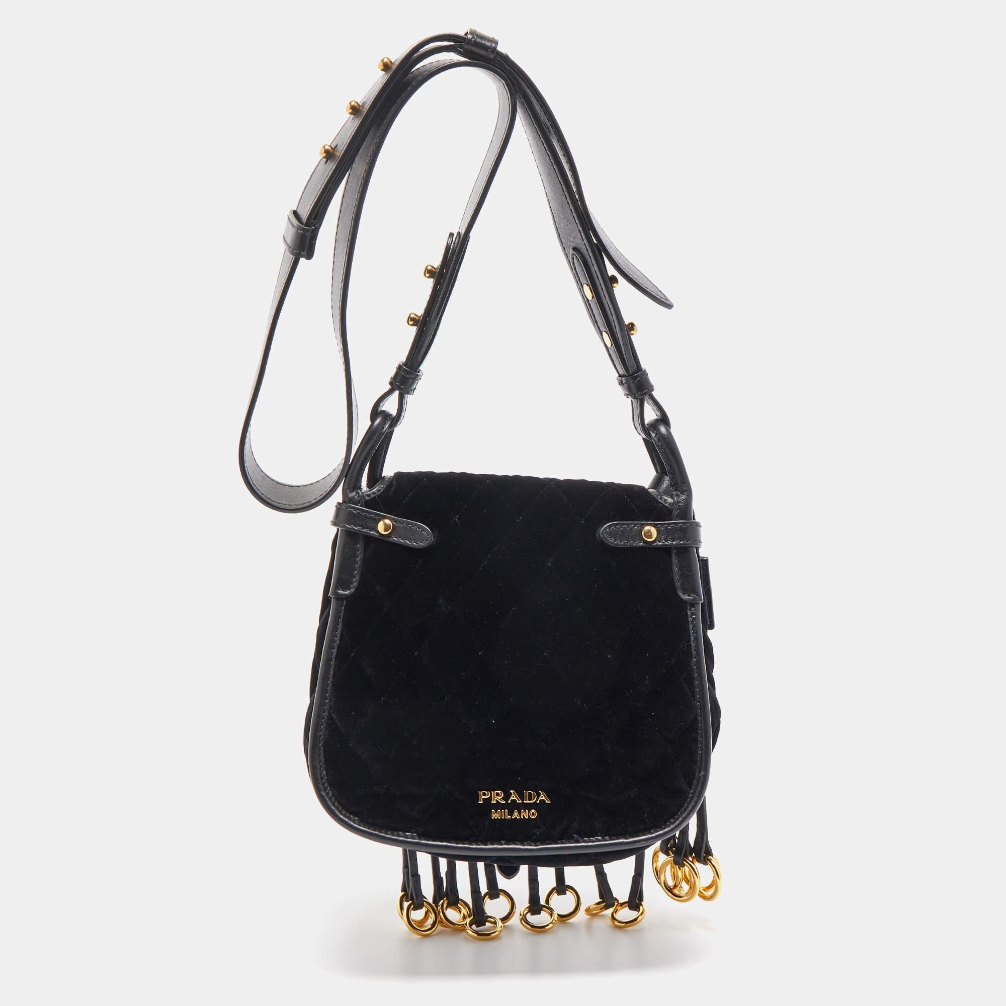Prada Black Quilted Velvet and Leather Corsaire Shoulder Bag at