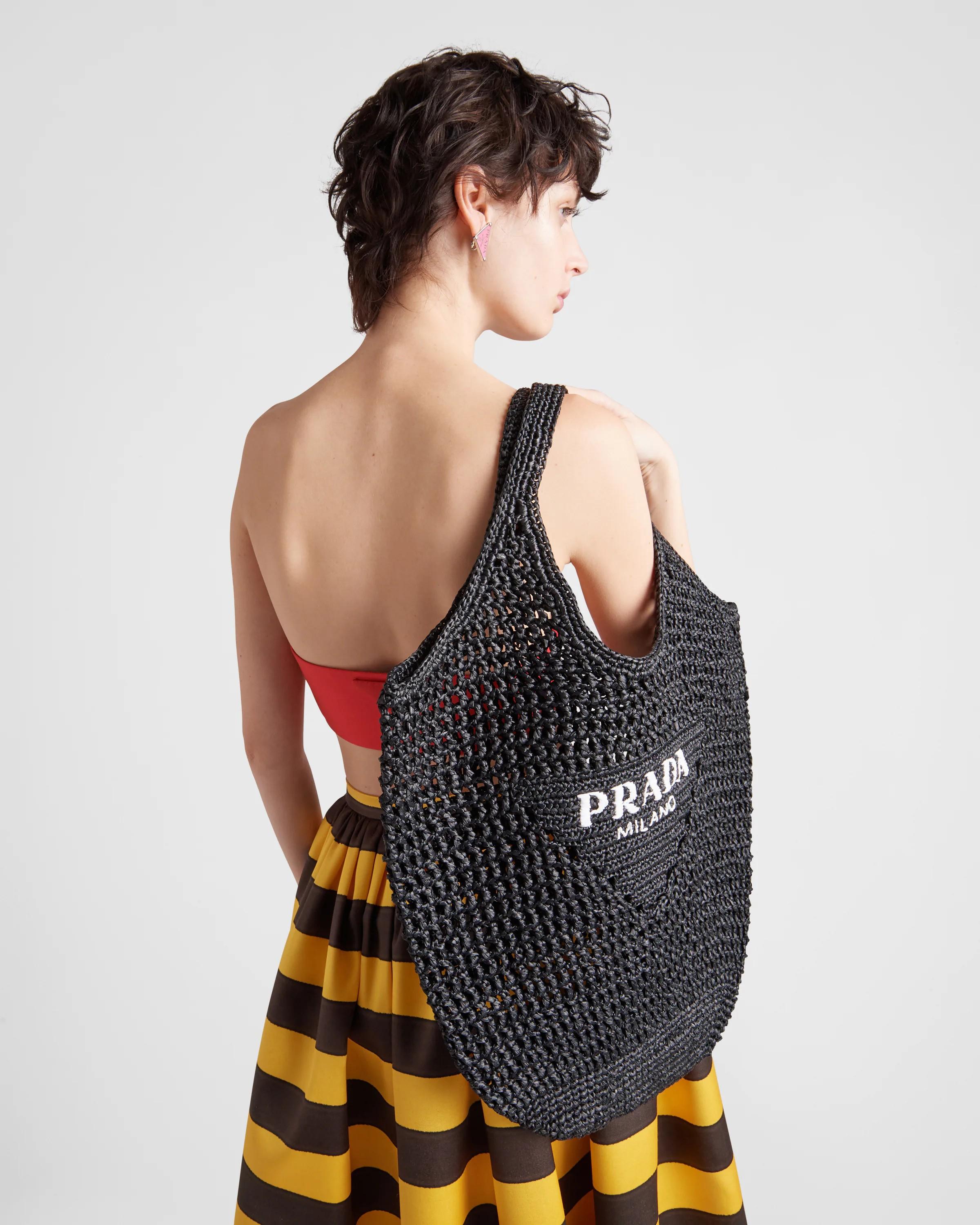 PRADA black raffia LOGO CROCHET Tote Bag 7