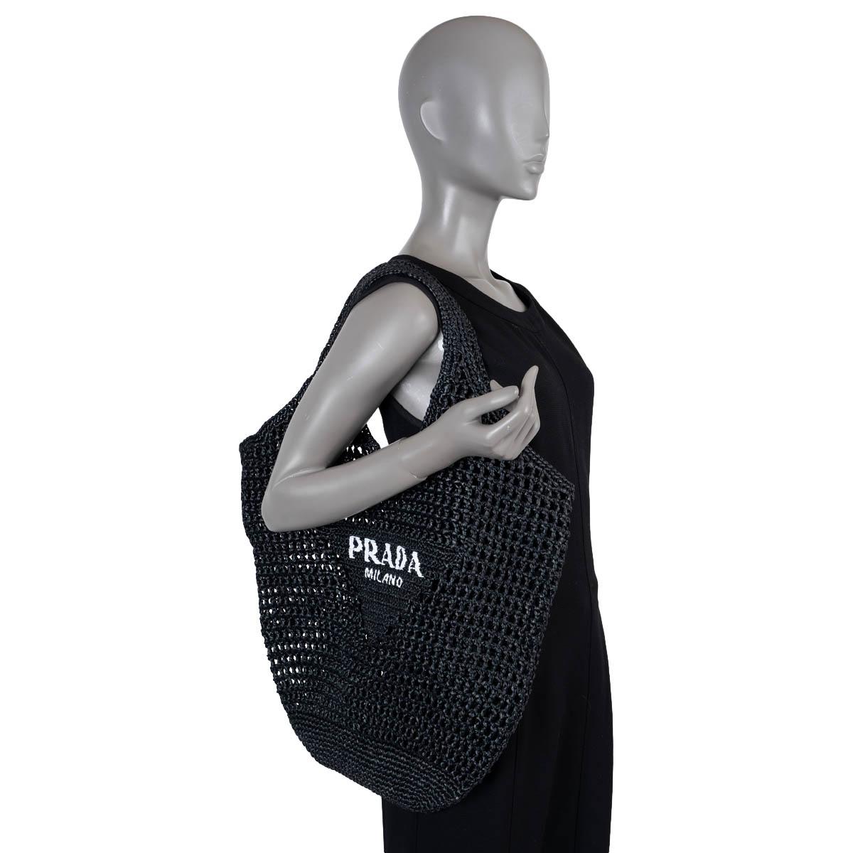 PRADA black raffia LOGO CROCHET Tote Bag For Sale 5