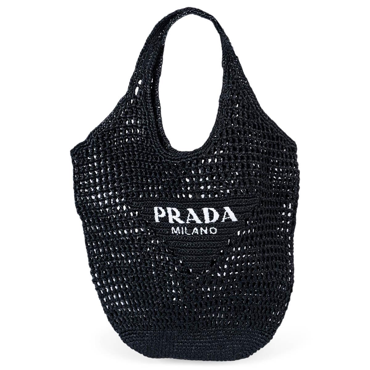 PRADA black raffia LOGO CROCHET Tote Bag For Sale