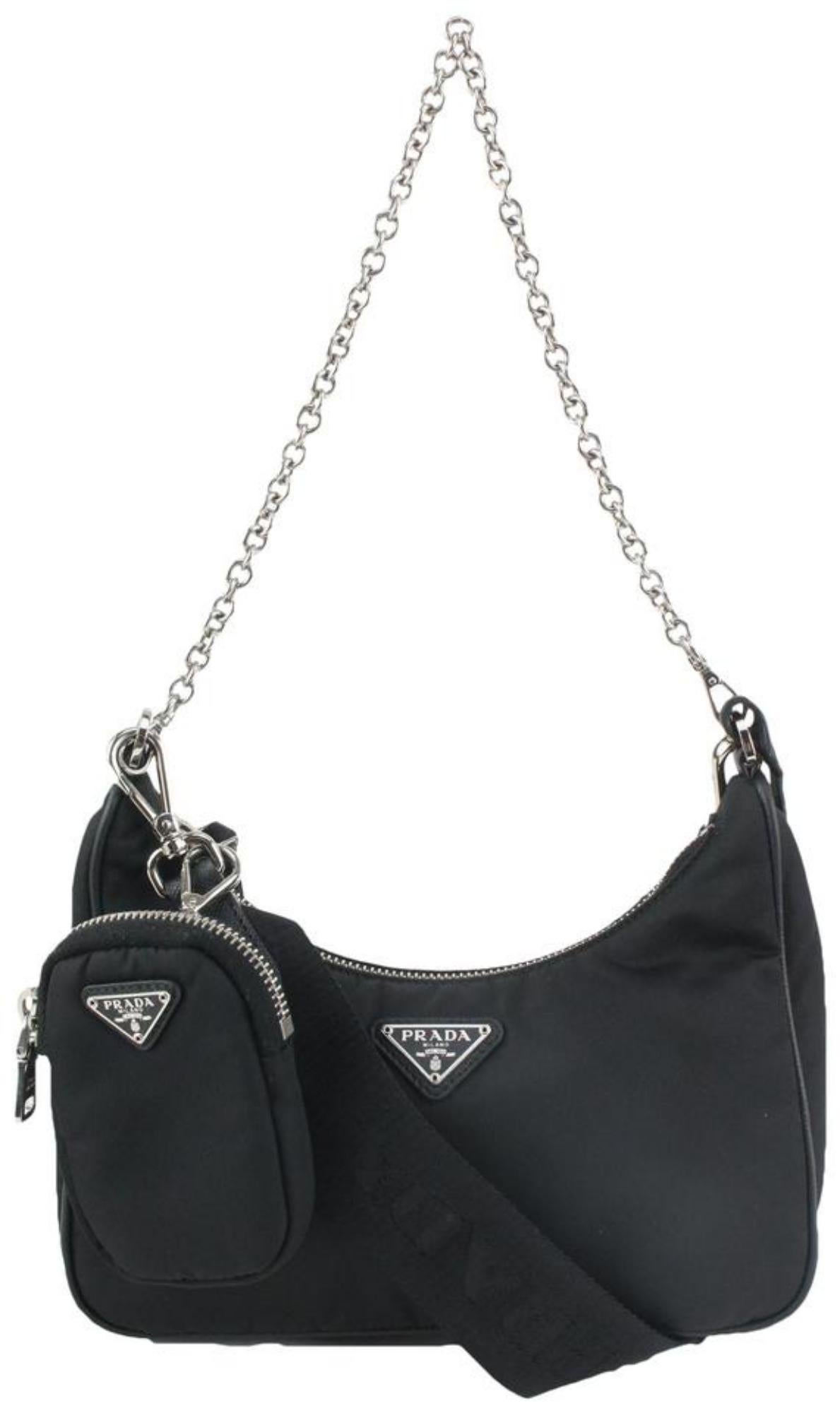 Women's Prada Black Re-Edition 2005 Re-Nylon Multi Mini Chain Hobo 1119p41