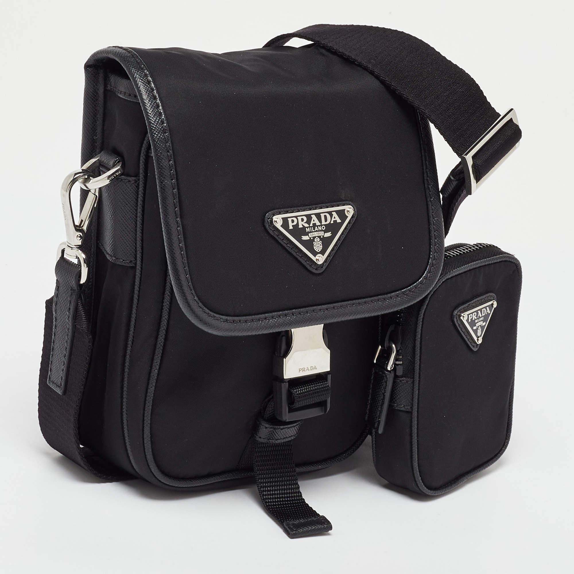 Prada Black Re-Nylon and Saffiano Leather Shoulder Bag In Good Condition In Dubai, Al Qouz 2