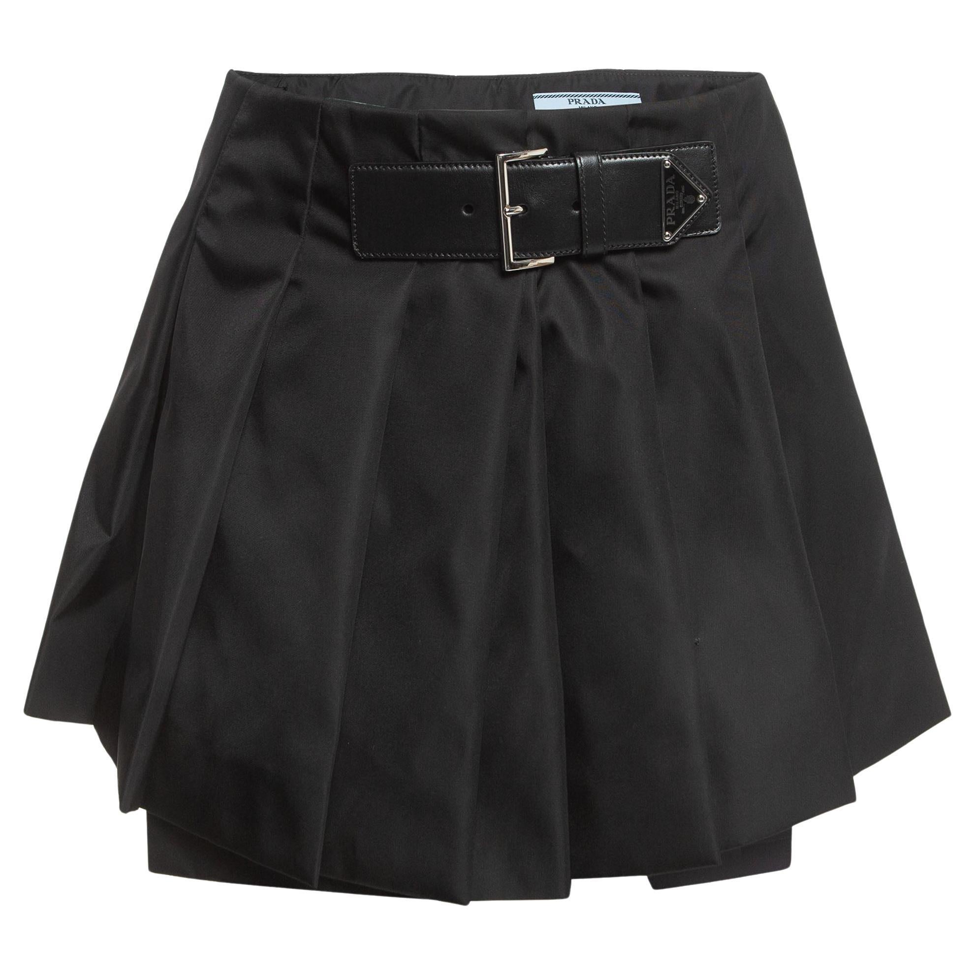 Prada Black Re-Nylon Belt Detail Pleated Mini Skirt XS
