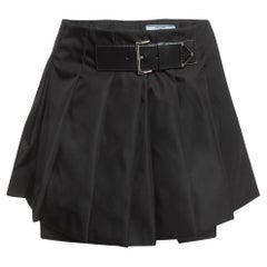 Prada Black Re-Nylon Belt Detail Pleated Mini Skirt XS