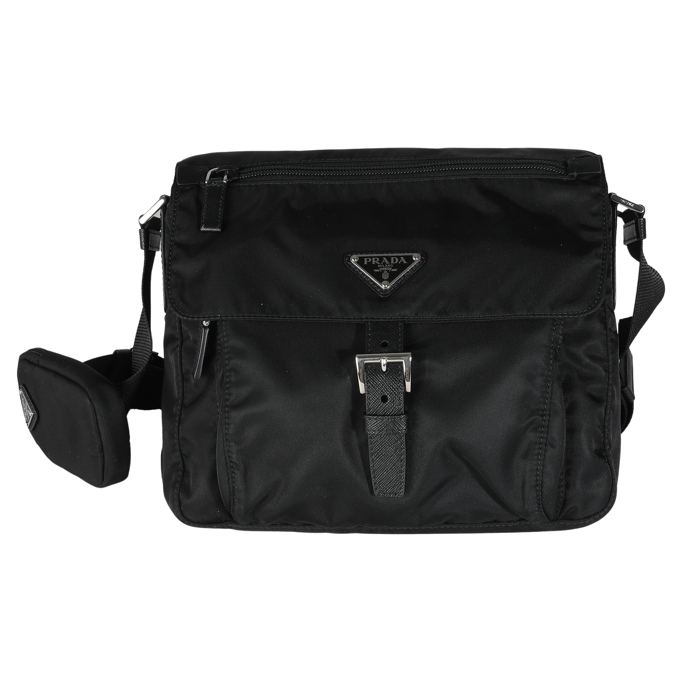 Prada Black Re-Nylon Front Pocket Shoulder Bag For Sale