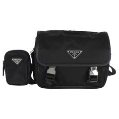 Prada Black Re-Nylon Saffiano Double Buckle Messenger Bag