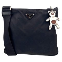 Prada Black Re-Nylon Tessuto Messenger Bag with Teddy Bear Key Charm